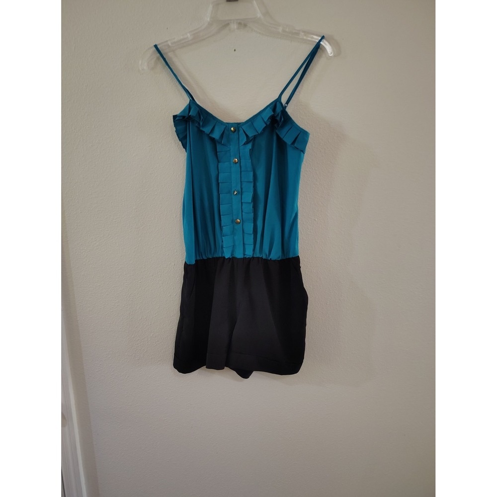 Express Womens‎ Teal and Black Ruffle Button Front Romper XS Sleeveless Pockets